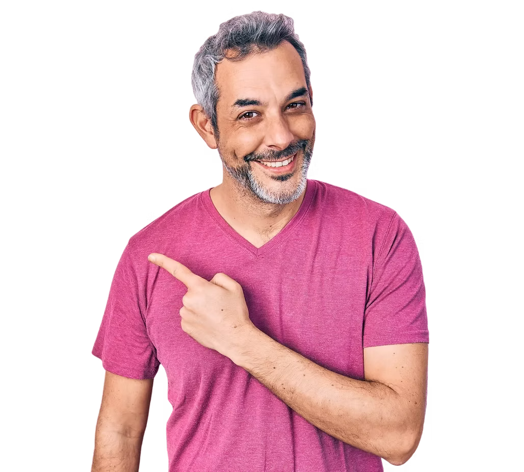 handsome-middle-age-man-with-grey-hair-wearing-casual-pink-t-shirt-smiling-cheerful-pointi